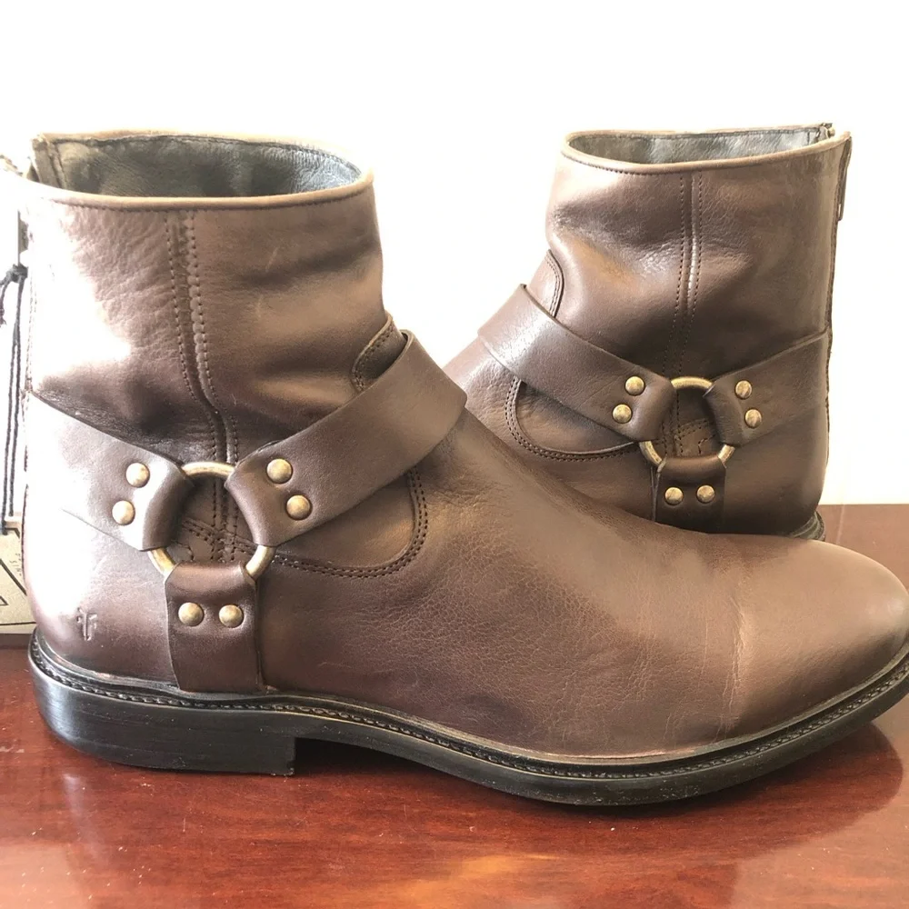 Frye Men Sz 10 Dark Brown Leather Harness Ankle Boots